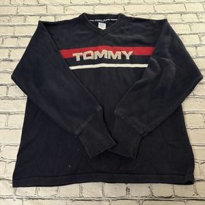 Tommy Hilfiger Blue Sweater Knit Big Spell Out Sz XXL Vintage Y2K Rare Pullover